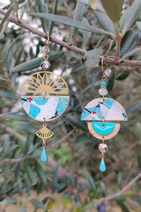 boucles d'oreilles asymétriques japonaises à motif de grue bleue turquoise