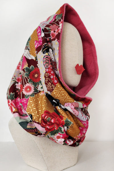 Echarpe tour de cou-snood en tissu japonais geisha et polaire rose