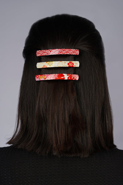 Coiffure avec barrettes japonaise en papier washi laqué - Fleurs d'Ascenseurs